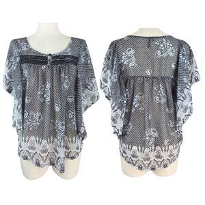 Maurices Black White Floral Sheer Batwing Top Blouse Size Medium Fairycore Boho